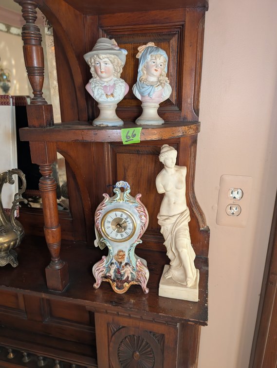 (2) Porcelain Busts, Clock & Classic Figurine (12")