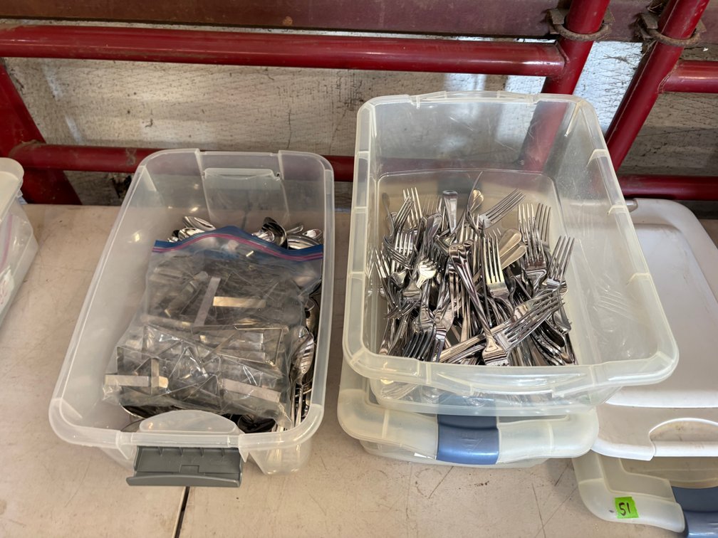 (3) Tubs of Salad & Dinner Forks, Tablespoons, Napkin Clips,