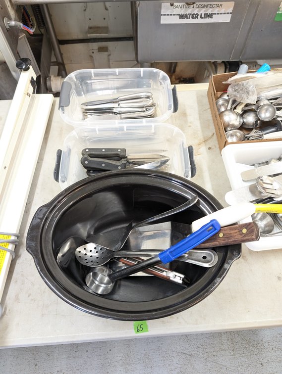 Crock Pot Liner, Serving Spoons, Tubs of Knives,