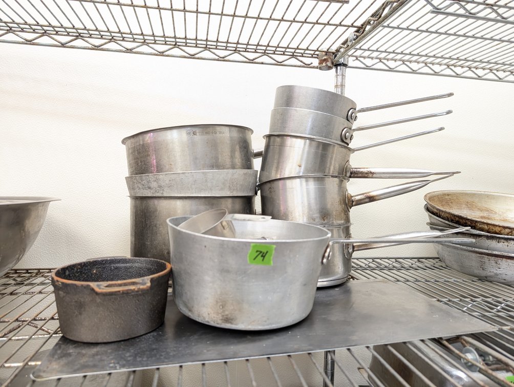 Large Collection of Commercial Aluminum Saucepans and Pots