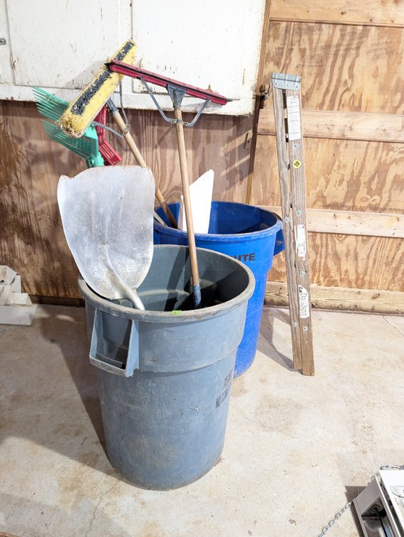 (2) Brute Garbage Cans and Misc Hand Tools - Shovels, Forks, Etc