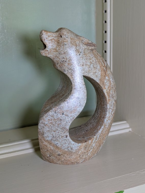 Abstract Carved Granite/Soapstone Howling Wolf Wildlife Sculpture, Signed