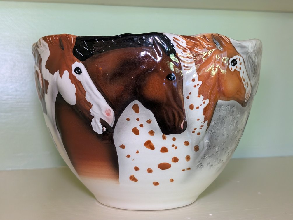 Hand-Painted Ceramic Bowl Featuring Appaloosa and Chestnut Horses