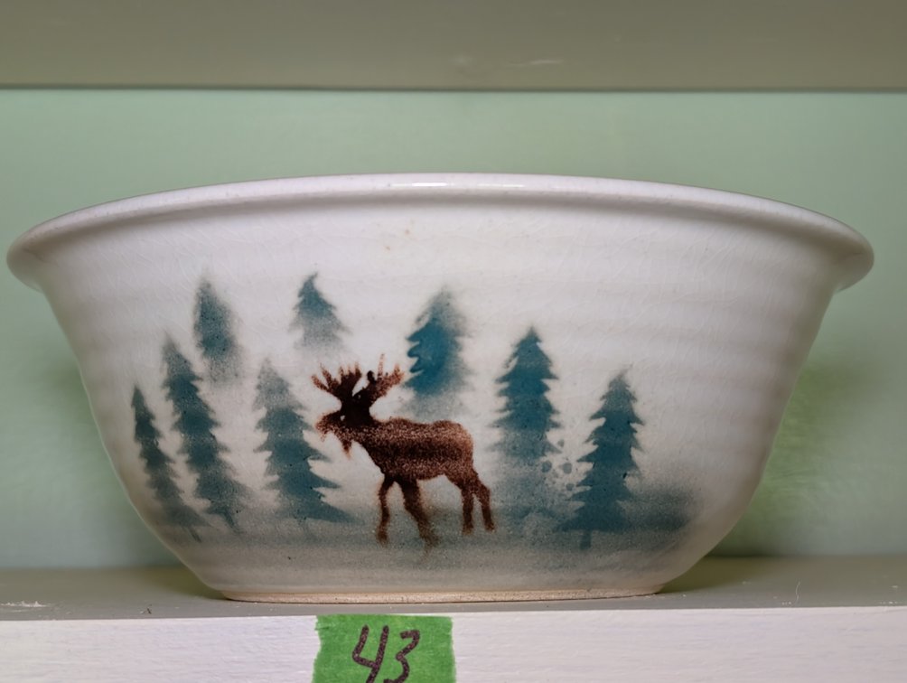 Handcrafted Studio Pottery Bowl with Painted Moose and Pine Forest Scene
