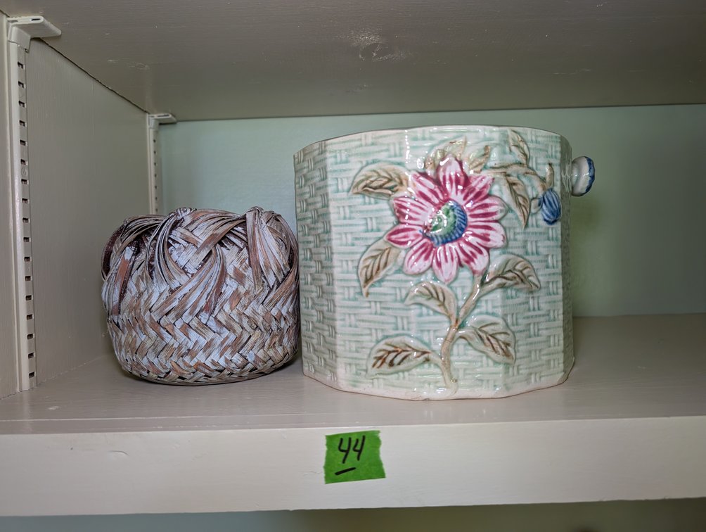 Small Woven Basket and Majolica-Style Floral Basket-Weave Planter