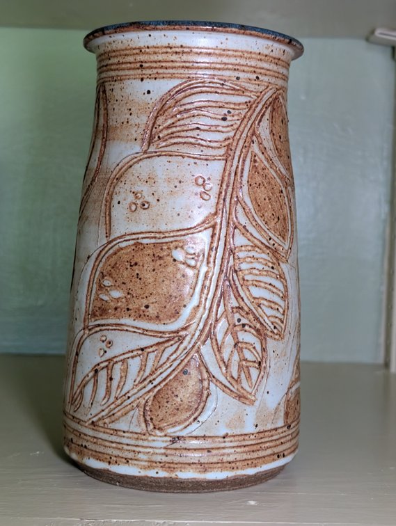 Vintage Studio Pottery Stoneware Vase with Incised Leaf Motif