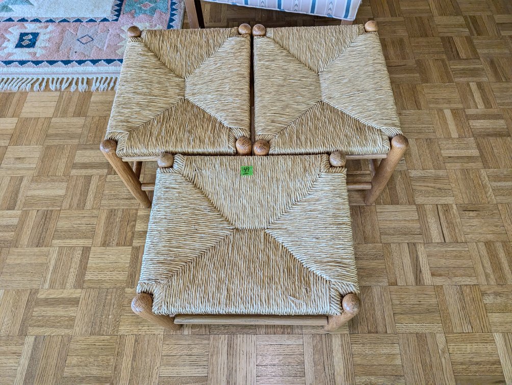 Set of 3 Vintage Woven Rush Seat Stools / Ottomans