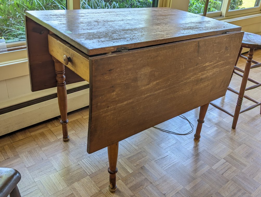 Early American Drop-Leaf Wood Table with Drawer