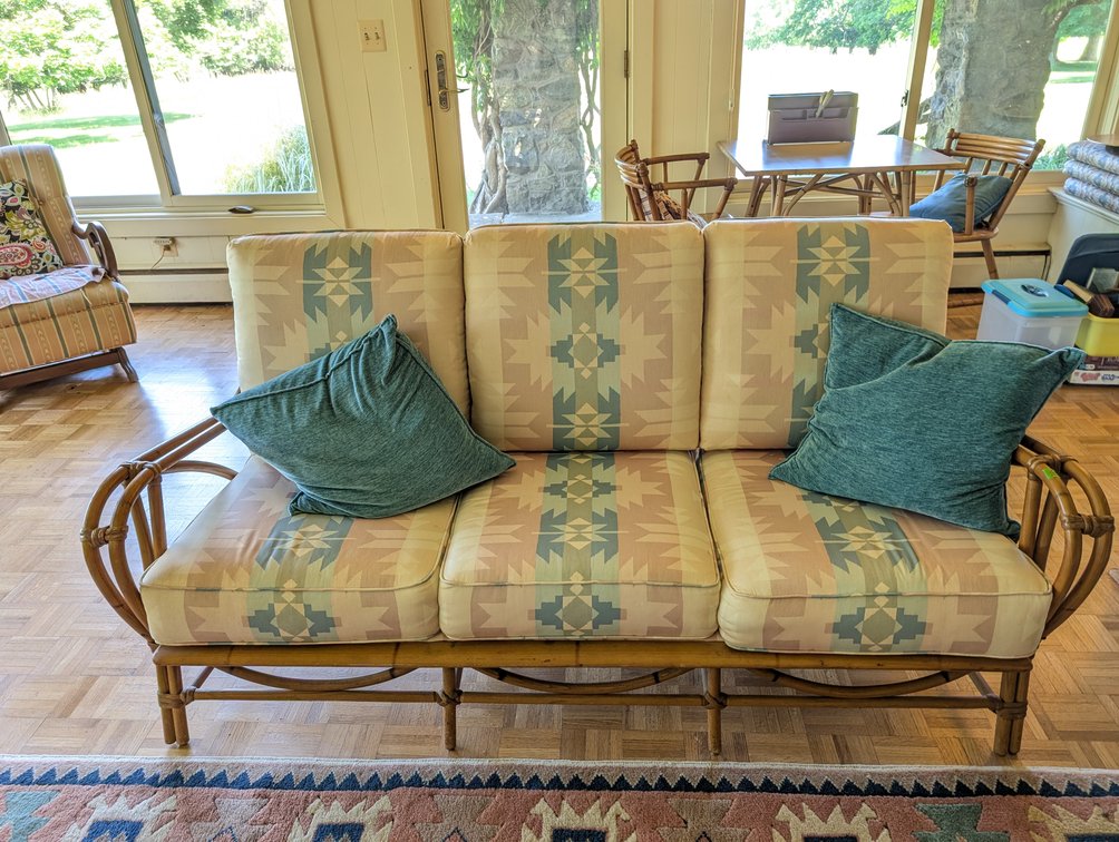 Vintage Rattan Sofa / 3-Seater Couch with Southwestern Patterned Cushions