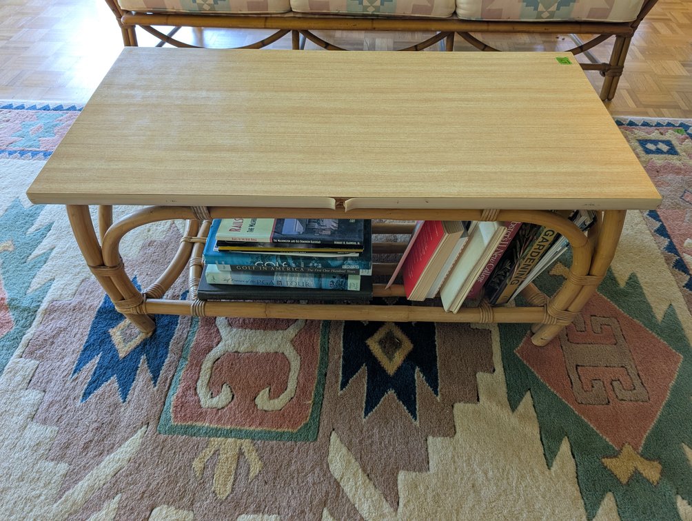 Vintage Rattan Coffee Table with Integrated Lower Bookshelf