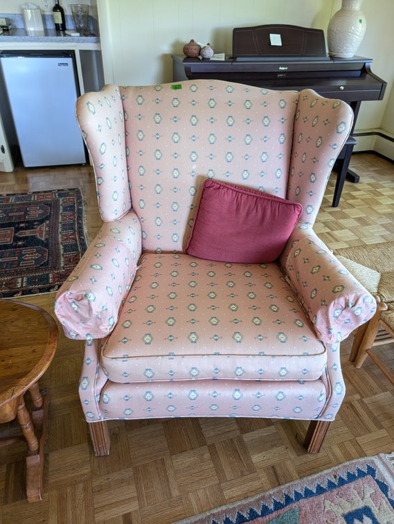 Vintage Pink Patterned Upholstered Wingback Armchair with Accent Pillow