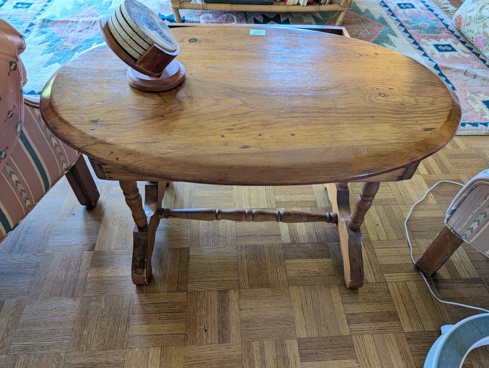 Vintage Oval Pine Accent Side Table with Single Drawer