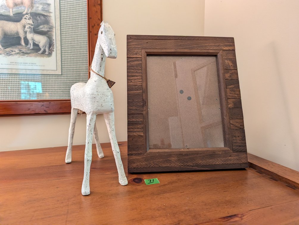 Rustic Wood Picture Frame and Hand-Carved White Horse Figurine