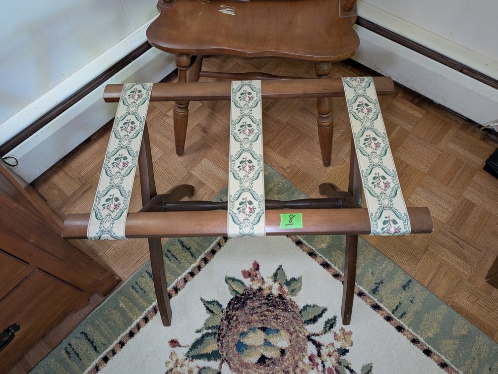 Vintage Folding Wooden Luggage Rack with Patterned Fabric Straps