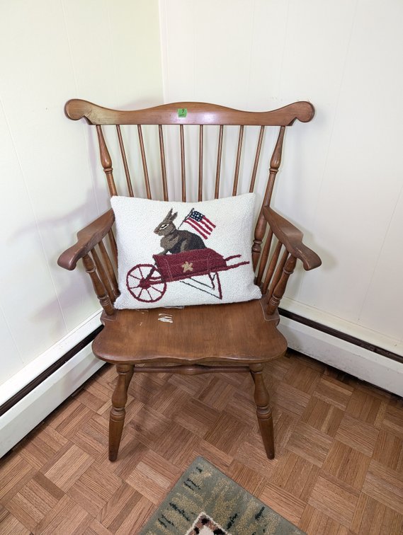 Vintage Wooden Windsor-Style Armchair with Patriotic Rabbit Hooked Pillow
