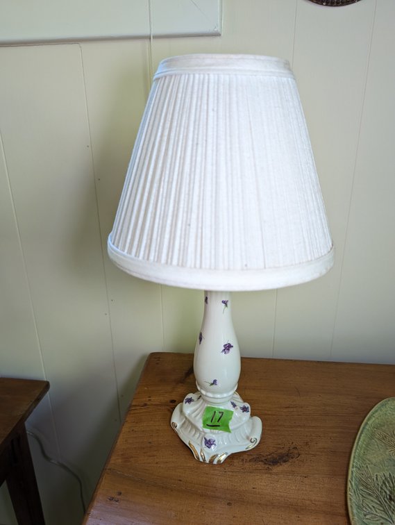 Vintage Porcelain Table Lamp with Purple Violet Floral Design and Pleated Shade