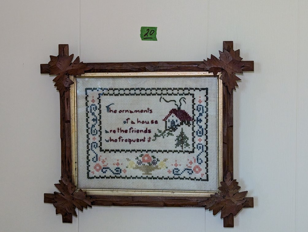 Framed Vintage House & Motto Cross-Stitch Sampler in Hand-Carved Corner Leaf Frame