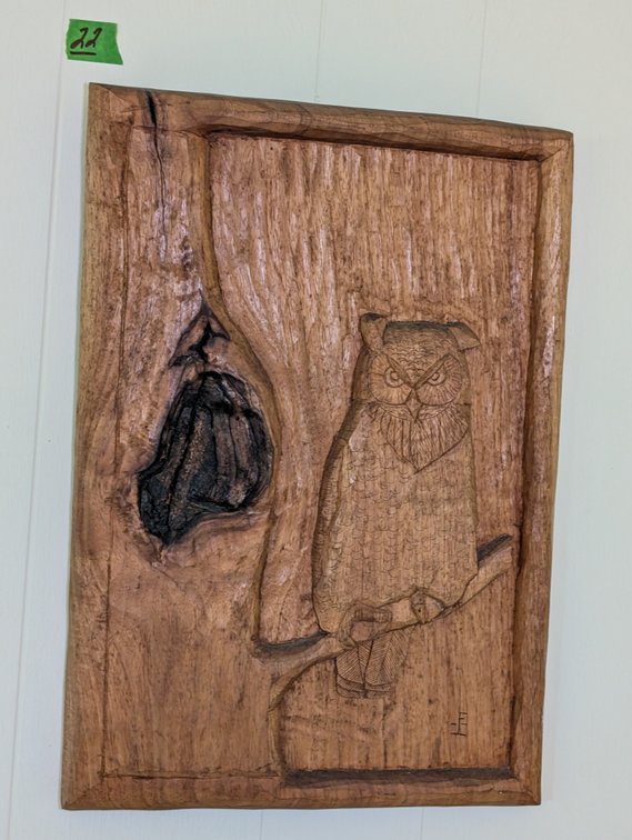 Signed Rustic Hand-Carved Wooden Relief Wall Plaque Featuring an Owl