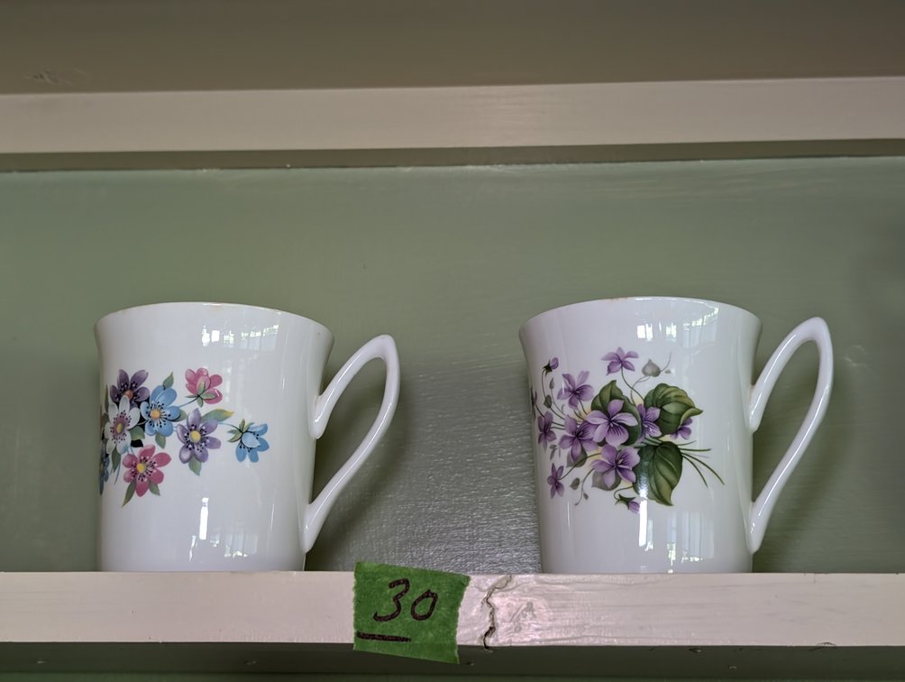 Pair of Vintage Fine Rosina Bone China Mugs with Floral Violet Motifs