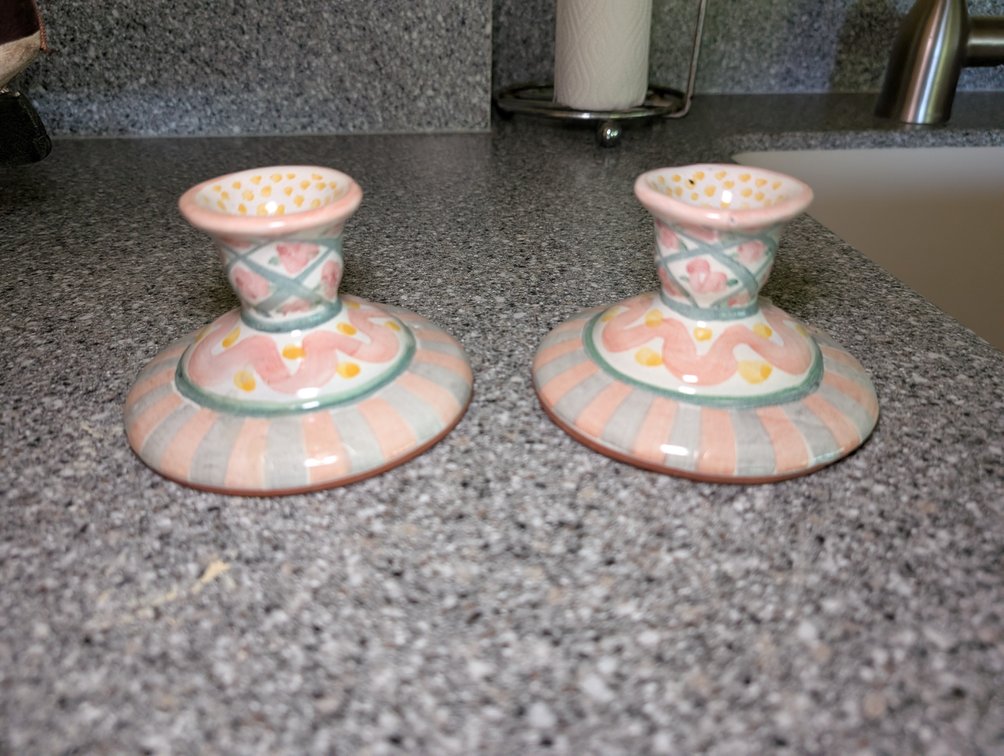 Pair of Hand-Painted Ceramic Candlestick Holders with Floral and Stripe Patterns