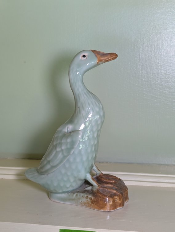 Vintage Pale Green Celadon Glazed Ceramic Duck Figurine