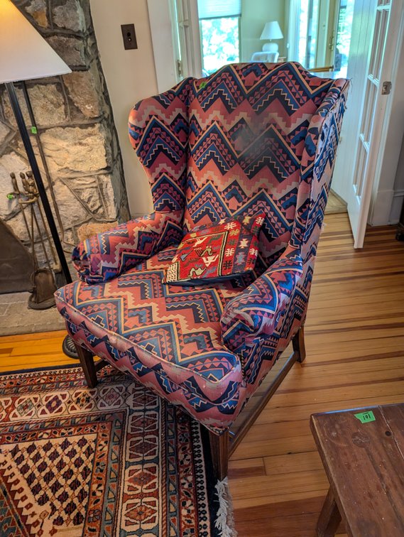 Vintage Upholstered Wingback Armchair with Southwestern Geometric Pattern