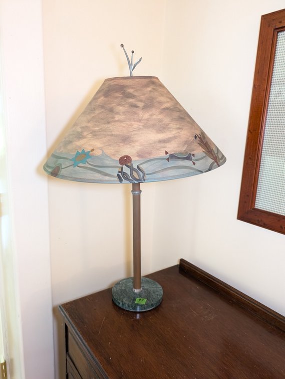 Artisan Table Lamp with Hand-Painted Coastal/Ocean Motif Shade and Marble Base