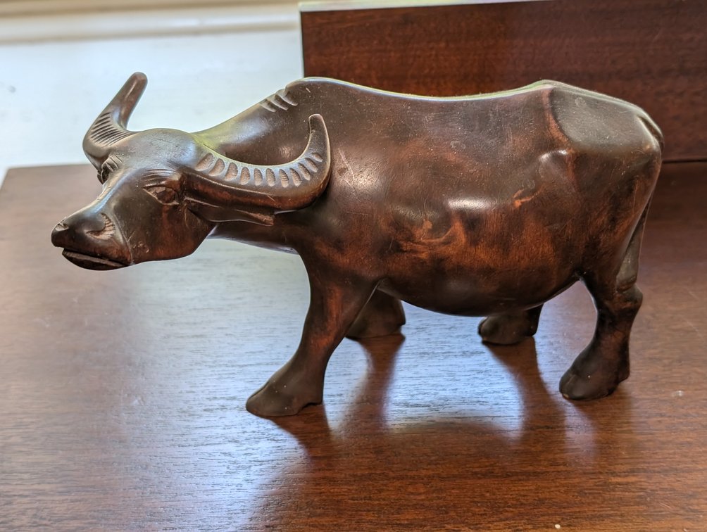 Vintage Hand-Carved Wooden Water Buffalo Figurine Sculpture