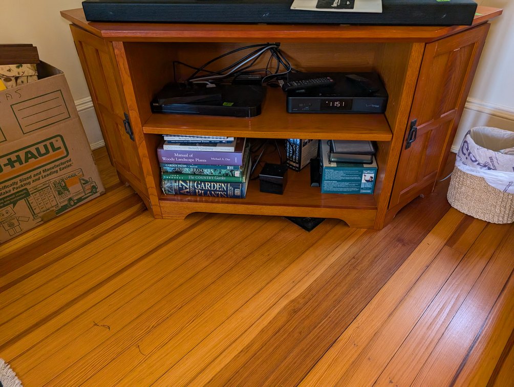 Traditional Oak Corner Media Console / TV Stand Cabinet with Open Shelving and Raised Panel Side Doors