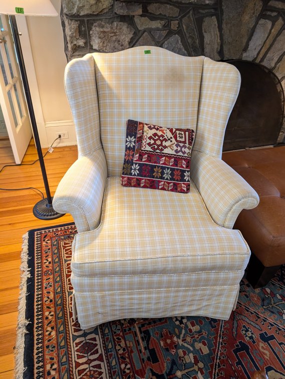 Classic Wingback Armchair in Yellow Plaid Upholstery with Kilim Accent Pillow