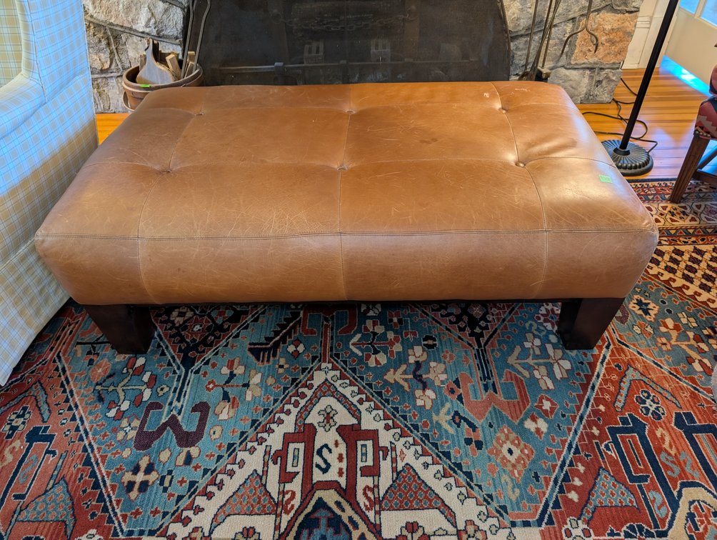 Large Tufted Tan Leather Ottoman / Bench with Dark Wood Legs