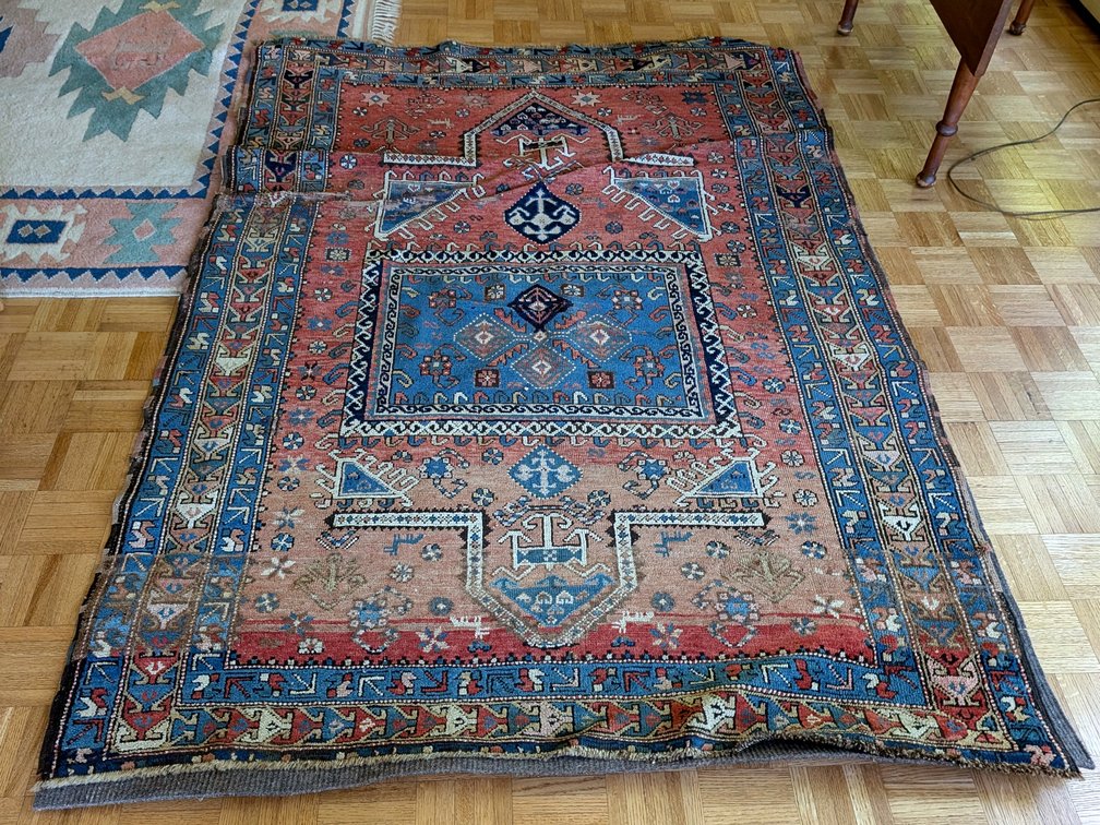 Antique Caucasian Tribal Hand-Woven Wool Area Rug - Geometric Design