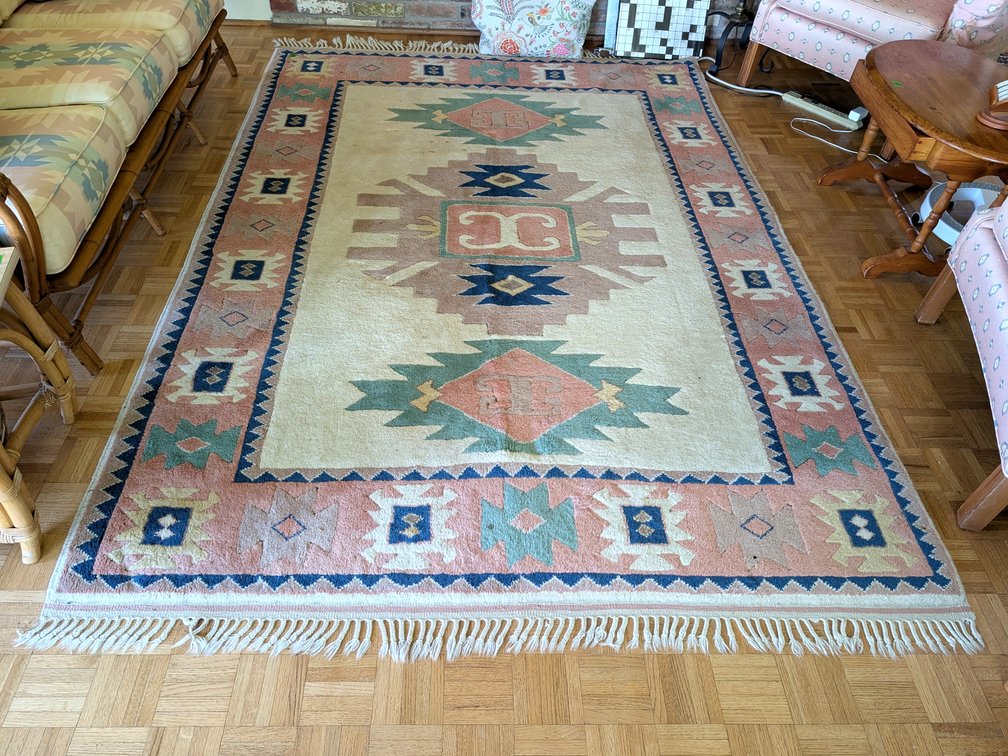 Turkish Geometric Wool Area Rug with Fringe