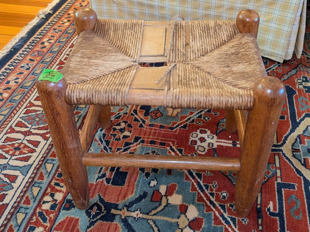 Vintage Woven Rush Seat Wooden Footstool / Stool