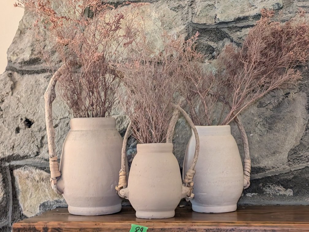 Trio of Rustic Matte Ceramic Jug Vases with Faux Wrapped Handles and Dried Florals