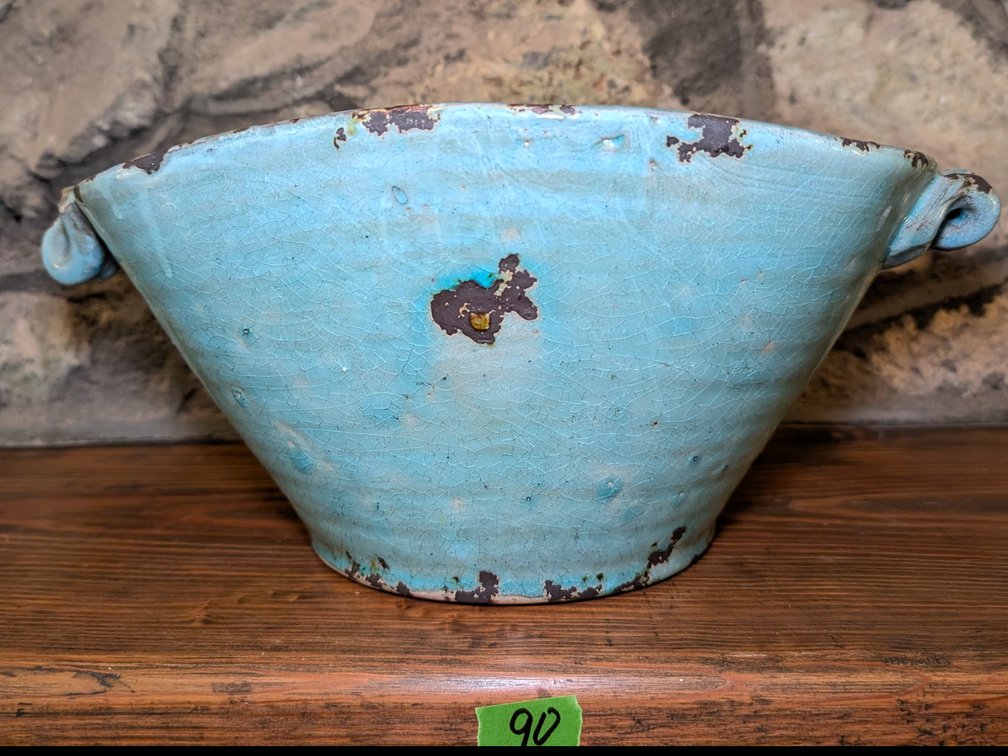 Distressed Turquoise Glazed Ceramic Bowl / Vessel with Side Handles