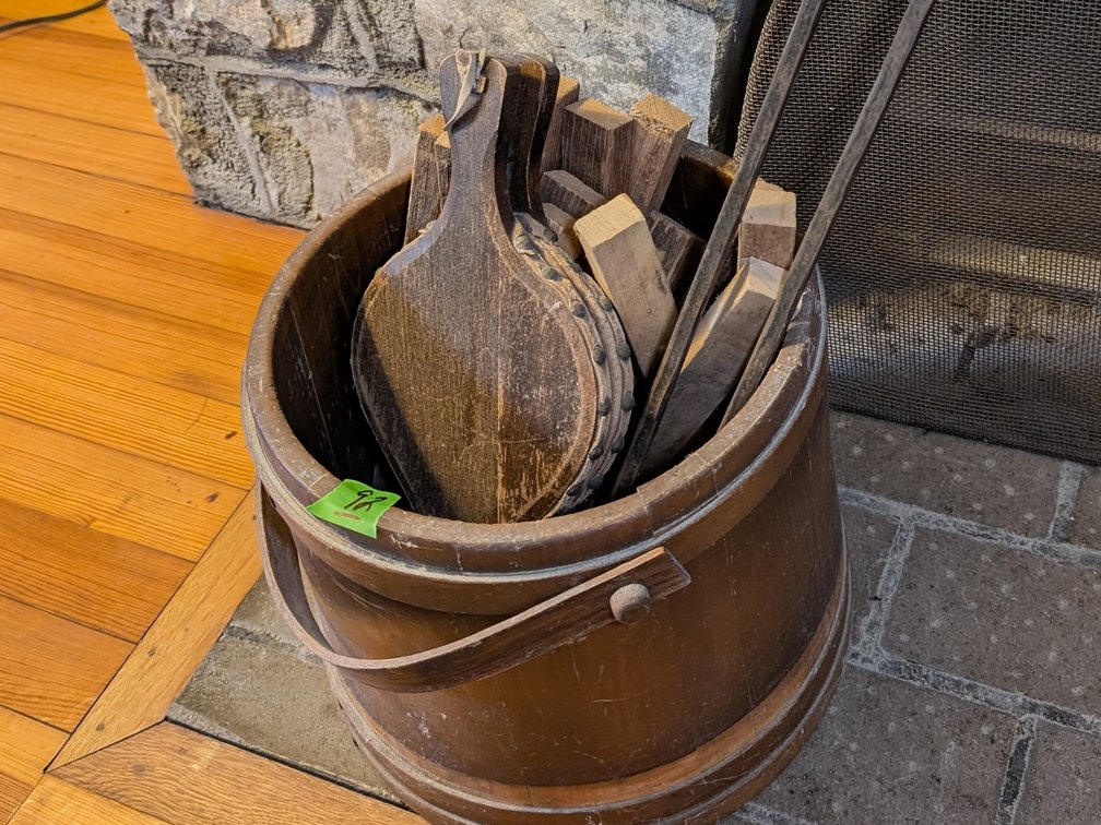 Antique Fireplace Bellows, Fire Tongs in Firewood Stave Bucket