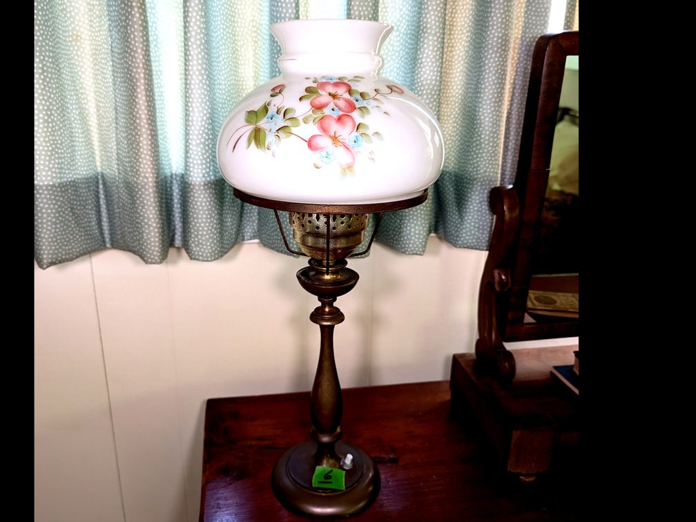 Vintage Brass Table Lamp with Painted Floral Glass Shade