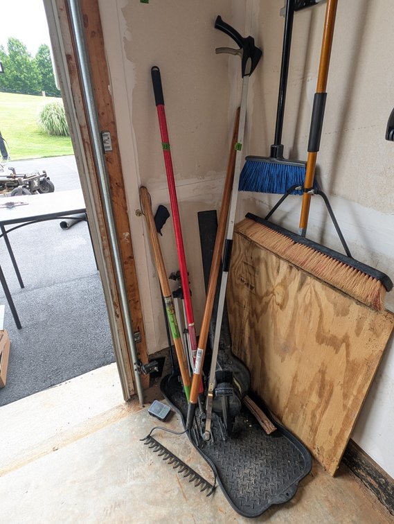 Assorted Long-Handled Garden Tools, Brooms & Yard Accessories