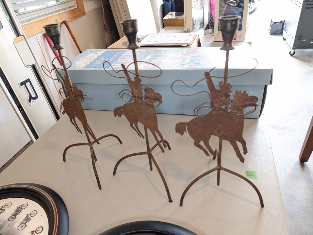 Set of (3) Rustic Metal Cowboy / Rodeo Rider Candlestick Holders