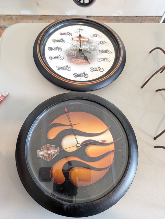 Lot of (2) Harley-Davidson Wall Clocks: "Legendary Sounds" & Flame Design
