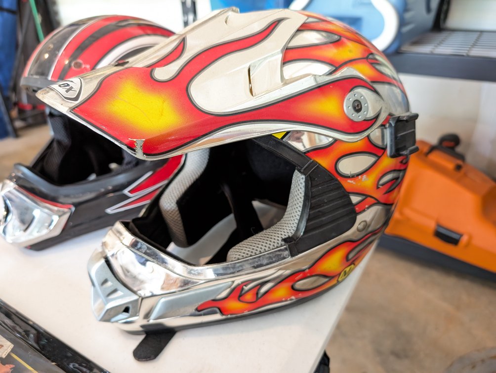 Lot of (2) Youth / Adult Off-Road Motocross Helmets (Flame & Striped Designs)