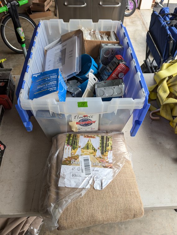Electrical Supplies Tote Box Lot & Burlap Fabric Roll (40 in. x 10 yds.)