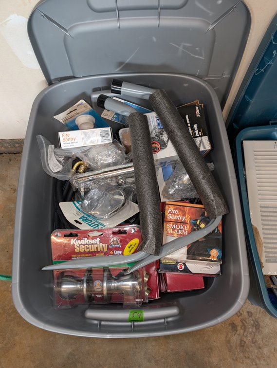 Storage Tote of Assorted Home Hardware, Kwikset Door Lock & Fire Alarms