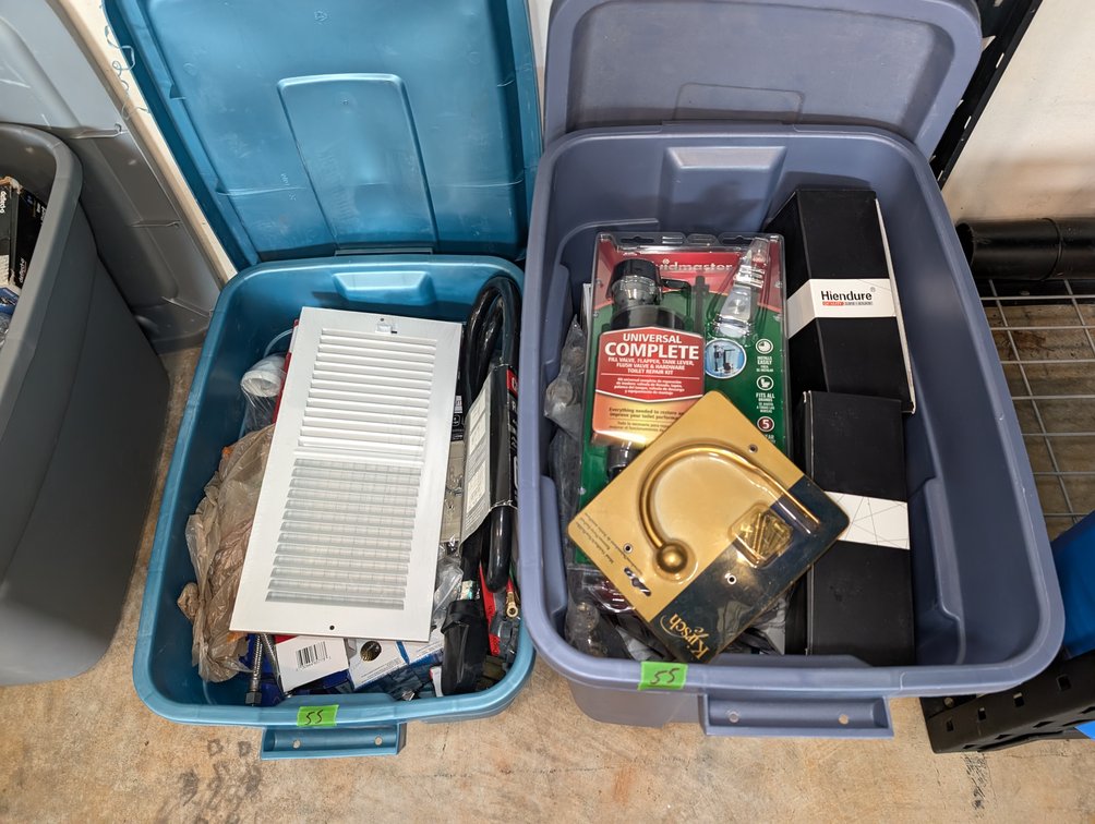 Pair of Storage Totes with Plumbing Supplies, HVAC Vent Covers & Hardware