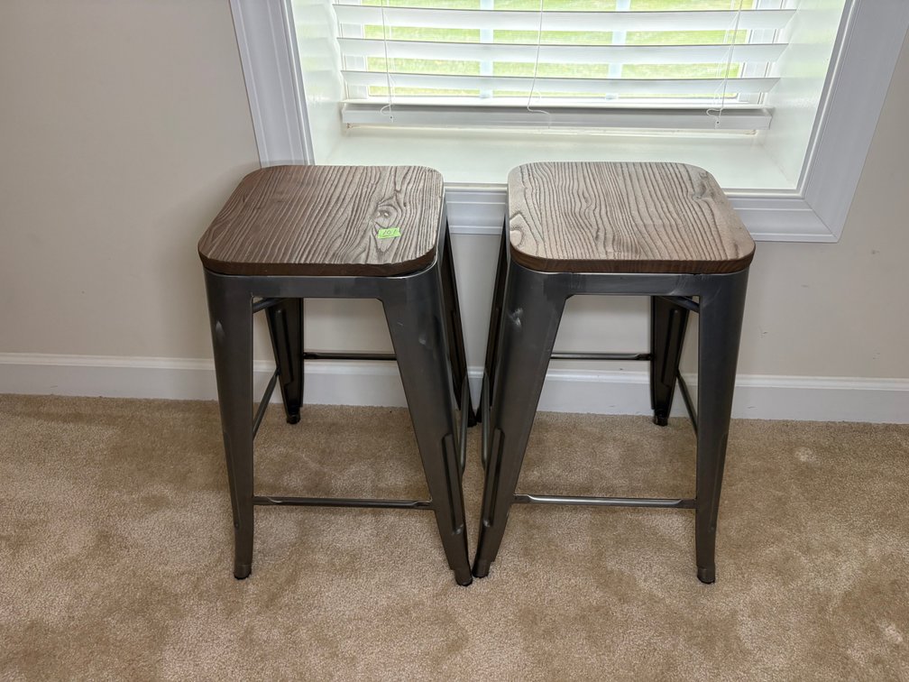 Lot of (2) Industrial Metal Counter Stools with Dark Wood Seats
