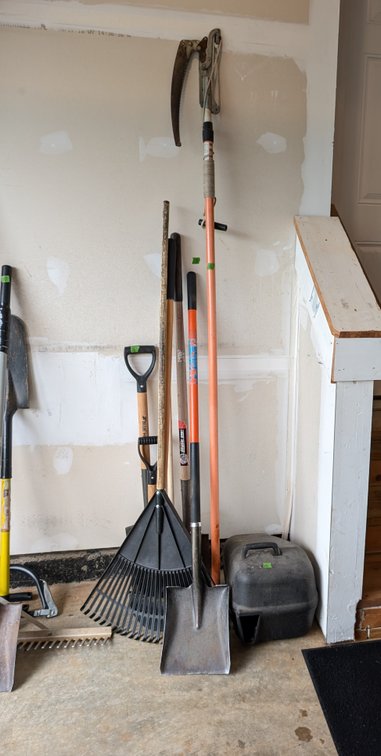 Lawn Rake, Square Shovel, Tree Pruner Pole & Storage Box Lot