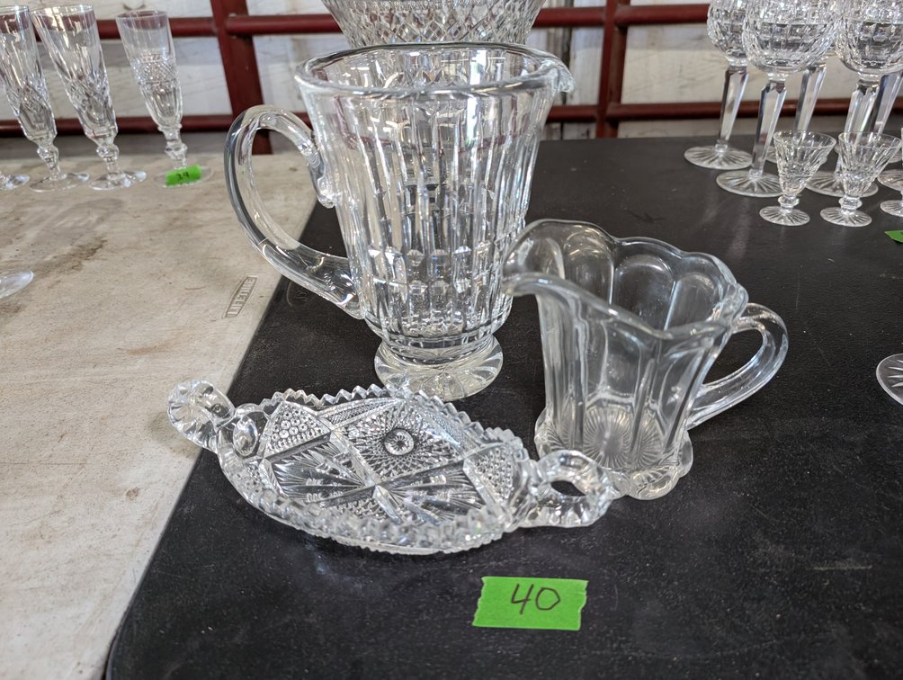Pressed Glass Tableware Grouping - Pitcher, Creamer, and Relish Dish