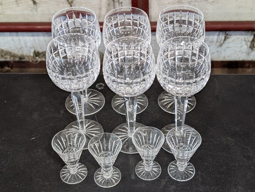 Collection of Waterford Cut Crystal Stemware: 6 Wine Goblets and 4 Cordial Glasses