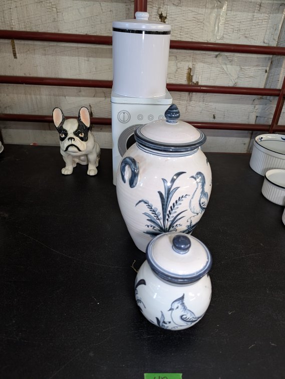French Bulldog Figurine and Antigua "Casa Talavera" Blue & White Bird Motif Canisters